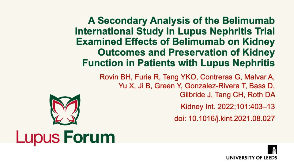 Publication thumbnail: A secondary analysis of the Belimumab International Study in Lupus Nephritis trial examined effects of belimumab on kidney outcomes and preservation of kidney function in patients with lupus nephritis