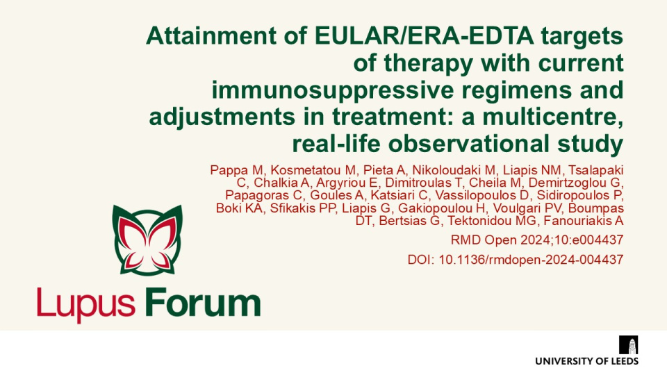 Publication thumbnail: Attainment of EULAR/ERA-EDTA targets of therapy with current immunosuppressive regimens and adjustments in treatment: a multicentre, real-life observational study