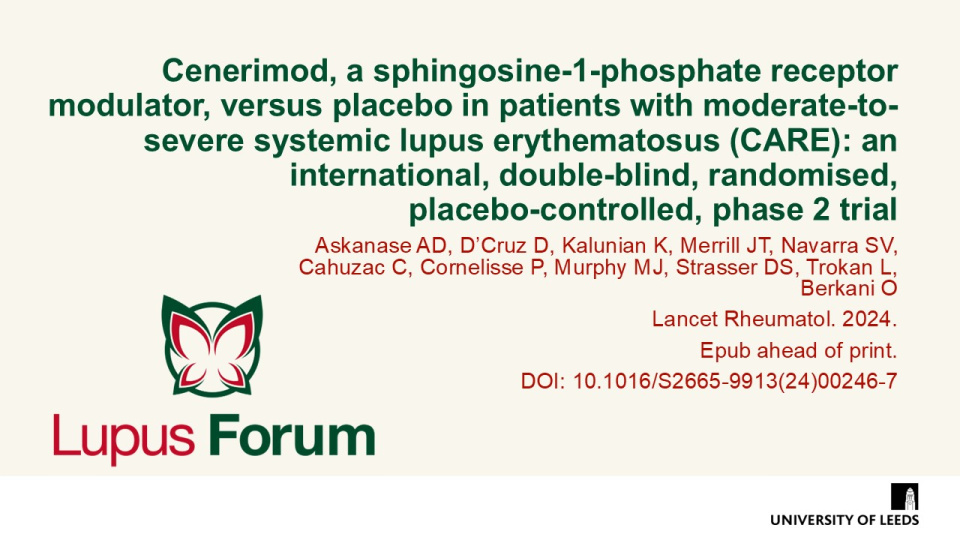 Publication thumbnail: Cenerimod, a sphingosine-1-phosphate receptor modulator, versus placebo in patients with moderate-to-severe systemic lupus erythematosus (CARE): an international, double-blind, randomised, placebo-controlled, phase 2 trial