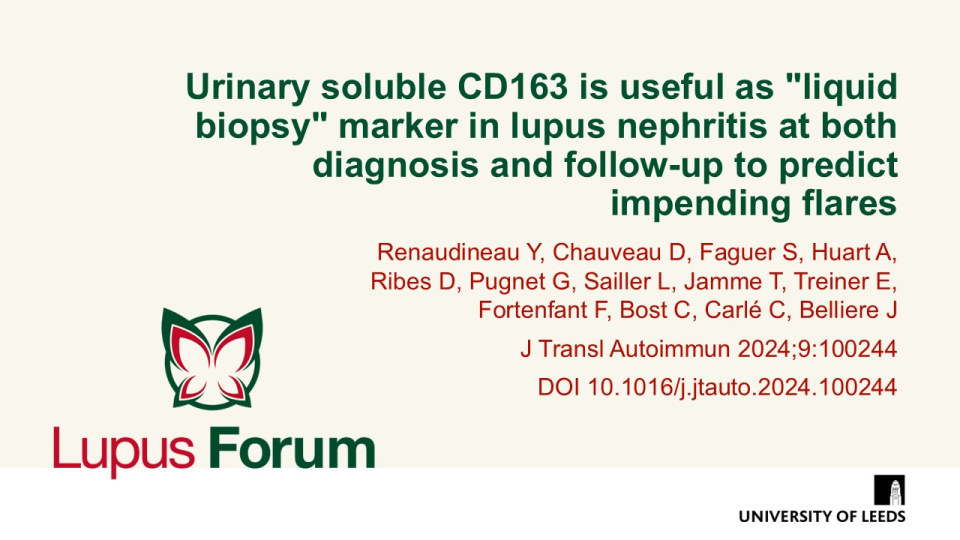 Publication thumbnail: Urinary soluble CD163 is useful as "liquid biopsy" marker in  lupus nephritis at both diagnosis and follow-up to predict  impending flares