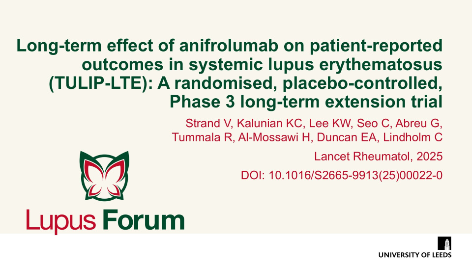 Publication thumbnail: Long-term effect of anifrolumab on patient-reported outcomes in systemic lupus erythematosus  (TULIP-LTE): a randomised, placebo-controlled, phase 3 long-term extension trial