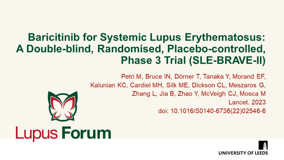 Publication thumbnail: Baricitinib for Systemic Lupus Erythematosus:  a Double-blind, Randomised, Placebo-controlled,  Phase 3 trial (SLE-BRAVE-II)