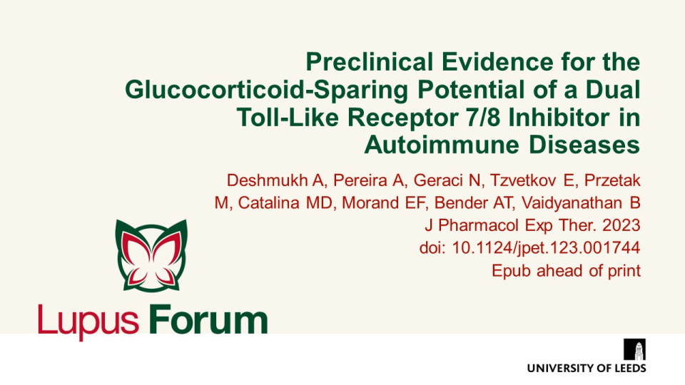 Publication thumbnail: Preclinical Evidence for the Glucocorticoid-Sparing Potential of a Dual Toll-Like Receptor 7/8 Inhibitor in Autoimmune Diseases