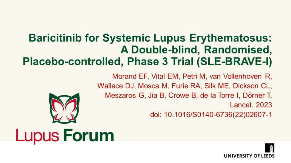 Publication thumbnail: Baricitinib for Systemic Lupus Erythematosus:  a Double-blind, Randomised, Placebo-controlled,  Phase 3 Trial (SLE-BRAVE-I)