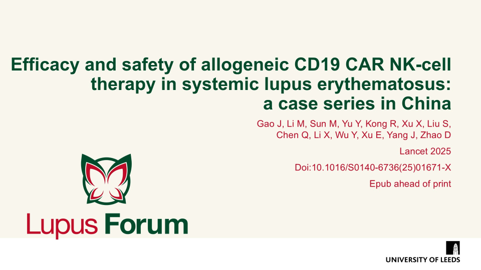 Publication thumbnail: Efficacy and safety of allogeneic CD19 CAR NK-cell therapy in systemic lupus erythematosus: A case series in China