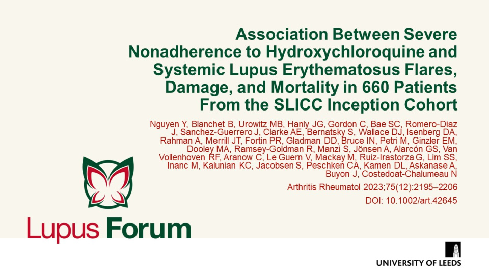Publication thumbnail: Association Between Severe Nonadherence to Hydroxychloroquine and Systemic Lupus Erythematosus Flares, Damage, and Mortality in 660 Patients From the SLICC Inception Cohort