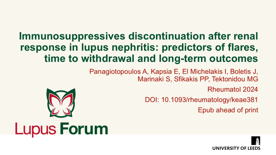 Publication thumbnail: Immunosuppressives discontinuation after renal response in lupus nephritis: predictors of flares, time to withdrawal and long-term outcomes