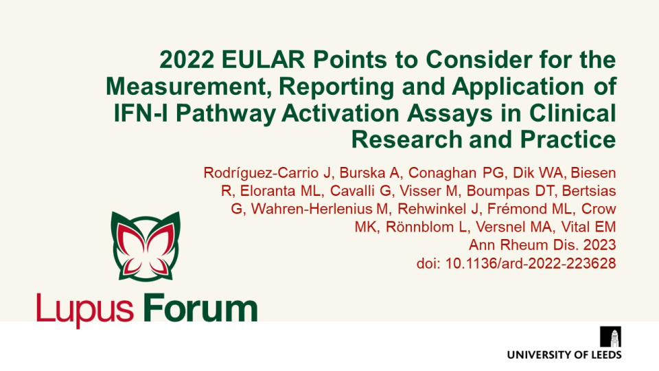 Publication thumbnail: 2022 EULAR points to consider for the measurement, reporting and application of IFN-I pathway activation assays in clinical research and practice