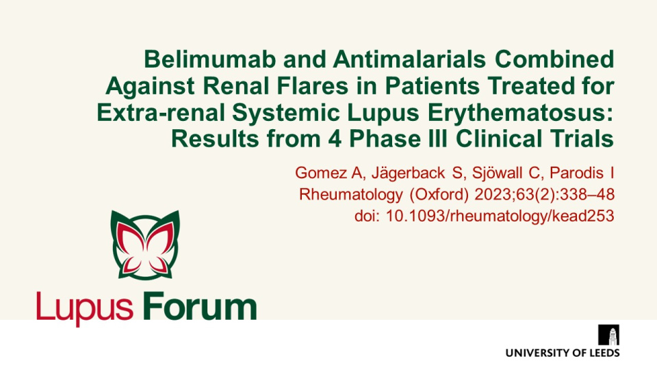 Publication thumbnail: Belimumab and antimalarials combined against renal flares in patients treated for extra-renal systemic lupus erythematosus: results from 4 phase III clinical trials
