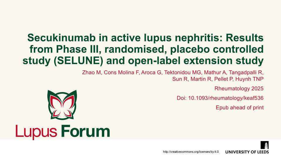 Publication thumbnail: Secukinumab in active lupus nephritis: Results from Phase III, randomised, placebo controlled study (SELUNE) and open-label extension study