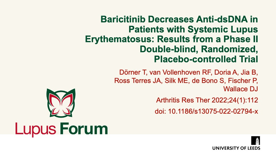 Publication thumbnail: Baricitinib decreases anti‑dsDNA in patients with systemic lupus erythematosus: results from a phase II double‑blind, randomized, placebo‑controlled trial