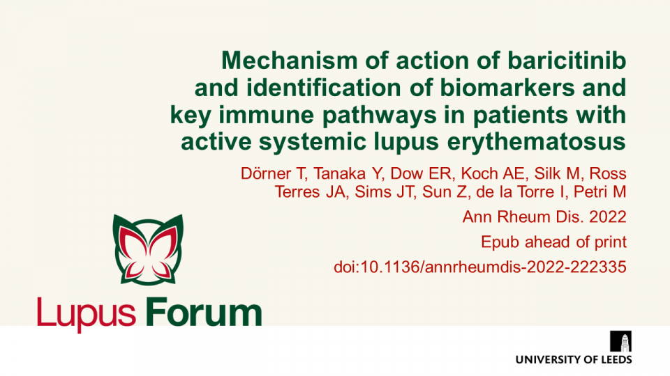 Publication thumbnail: Mechanism of action of baricitinib and identification of biomarkers and key immune pathways in patients with active systemic lupus erythematosus