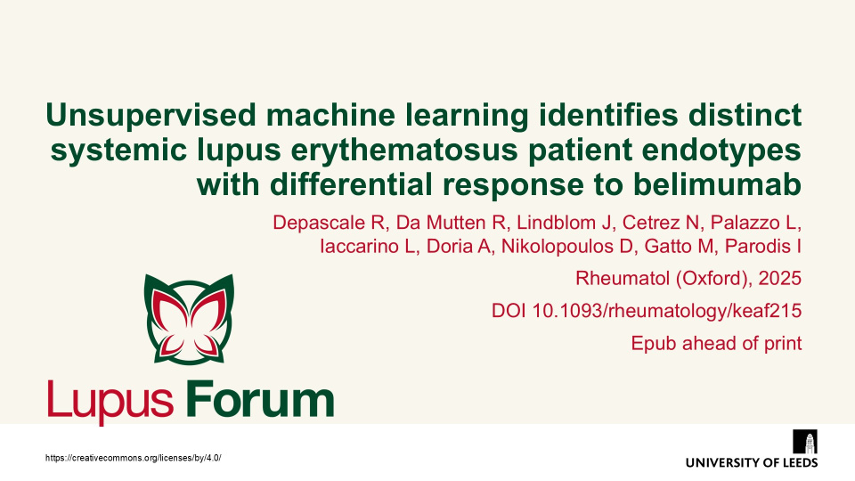 Publication thumbnail: Unsupervised machine learning identifies distinct systemic lupus erythematosus patient endotypes with differential response to belimumab