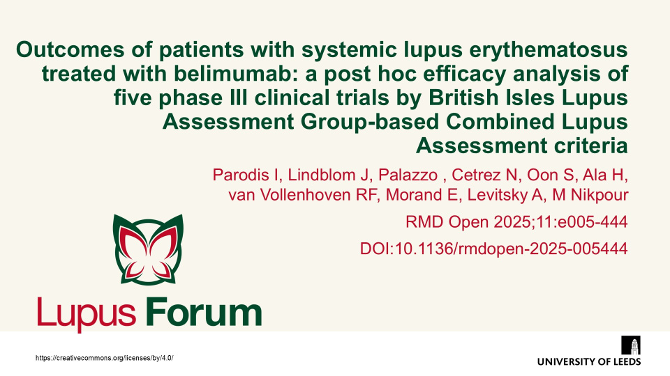 Publication thumbnail: Outcomes of patients with systemic lupus erythematosus treated with belimumab: a post hoc efficacy analysis of five phase III clinical trials by British Isles Lupus Assessment Group-based Combined Lupus Assessment criteria