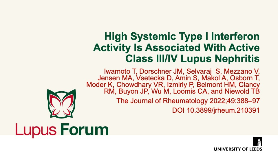 Publication thumbnail: High Systemic Type I Interferon Activity Is Associated with Active Class III/IV Lupus Nephritis