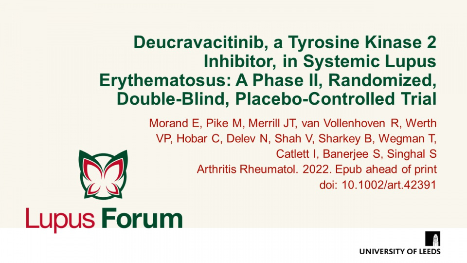 Publication thumbnail: Deucravacitinib, a Tyrosine Kinase 2 Inhibitor, in Systemic Lupus Erythematosus: A Phase II, Randomized, Double-Blind, Placebo-Controlled Trial