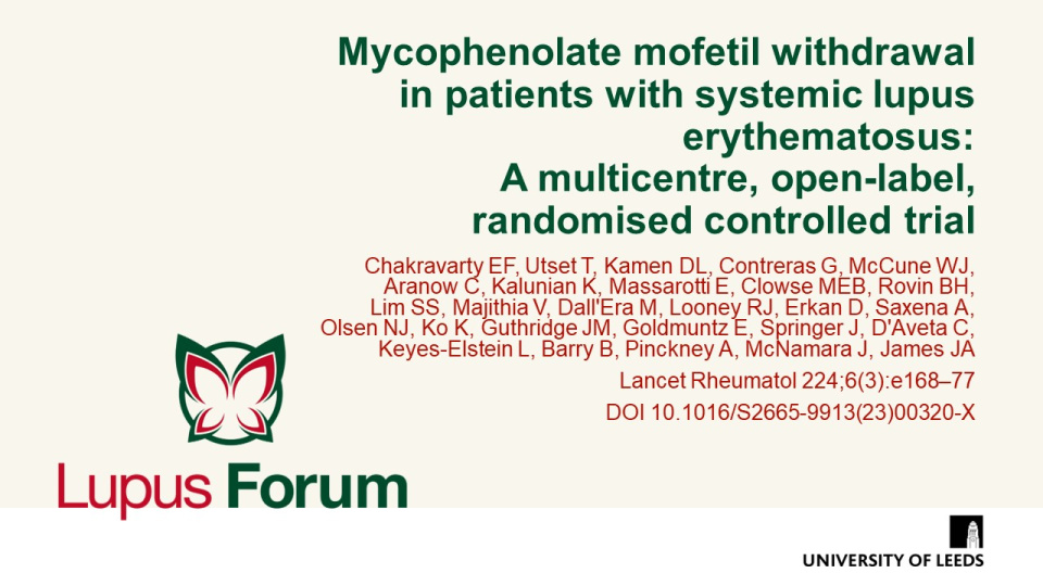 Publication thumbnail: Mycophenolate mofetil withdrawal in patients with systemic lupus erythematosus: A multicentre, open-label, randomised controlled trial