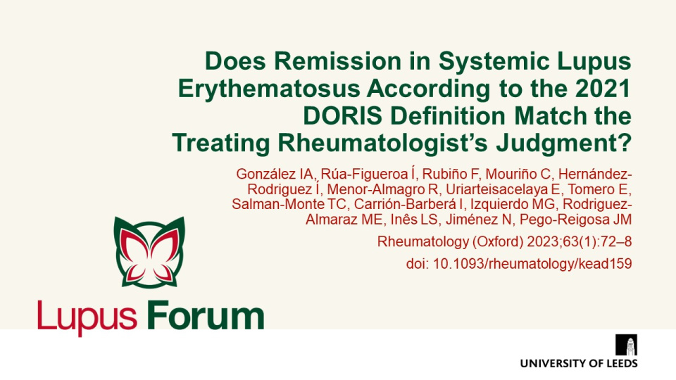 Publication thumbnail: Does Remission in Systemic Lupus Erythematosus According to the 2021 DORIS Definition Match the  Treating Rheumatologist’s Judgment?