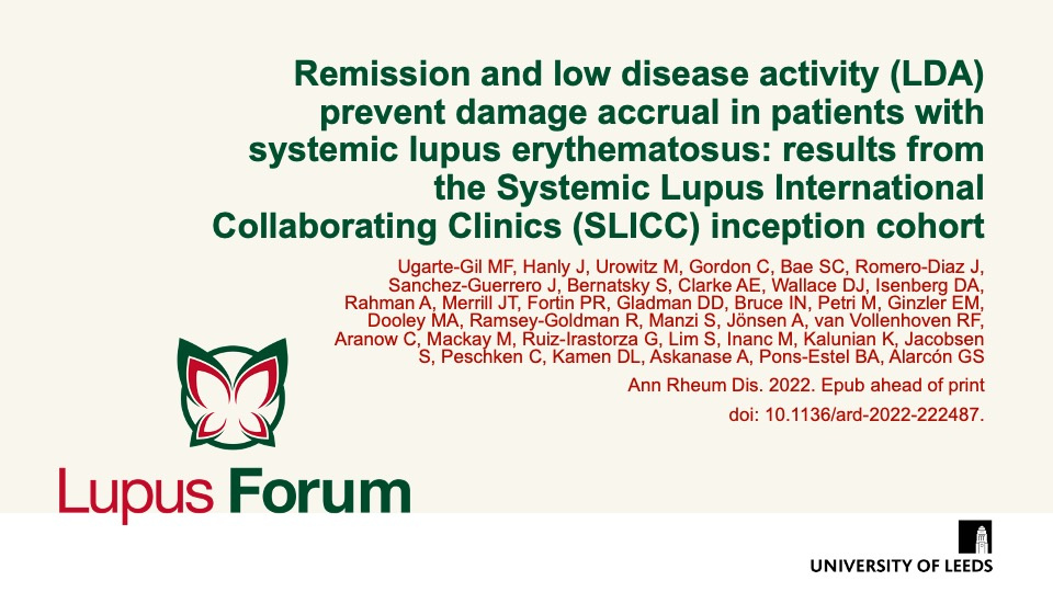 Publication thumbnail: Remission and low disease activity (LDA) prevent damage accrual in patients with systemic lupus erythematosus: results from the Systemic Lupus International Collaborating Clinics (SLICC) inception cohort