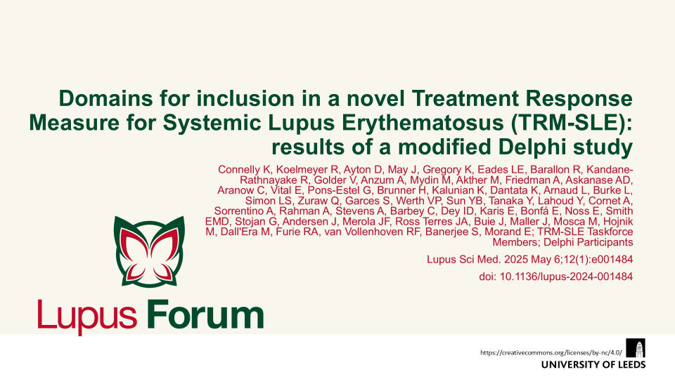 Publication thumbnail: Domains for inclusion in a novel Treatment Response Measure for Systemic Lupus Erythematosus (TRM-SLE):  results of a modified Delphi study