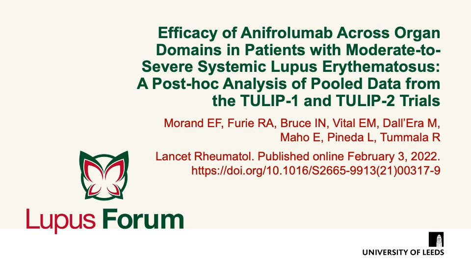 Publication thumbnail: Efficacy of anifrolumab across organ domains in patients with moderate-to-severe systemic lupus erythematosus: a post-hoc analysis of pooled data from the TULIP-1 and TULIP-2 trials