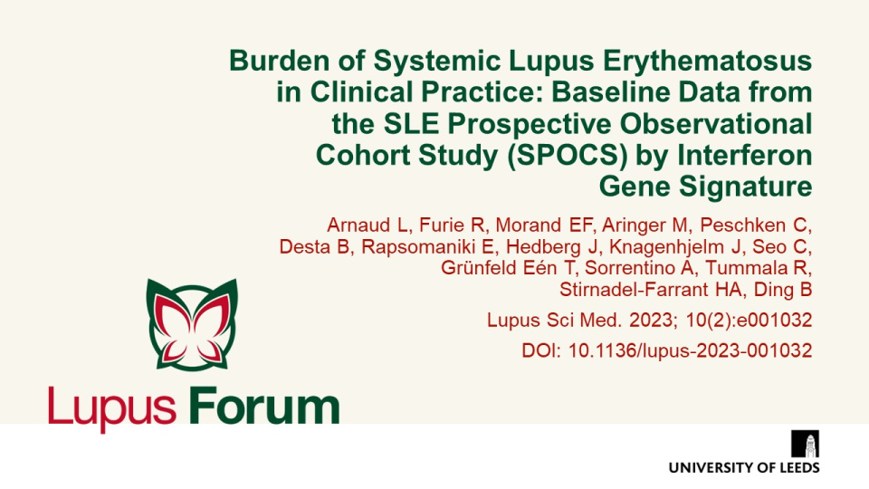 Publication thumbnail: Burden of Systemic Lupus Erythematosus in Clinical Practice: Baseline Data from the SLE Prospective Observational Cohort Study (SPOCS) by Interferon Gene Signature