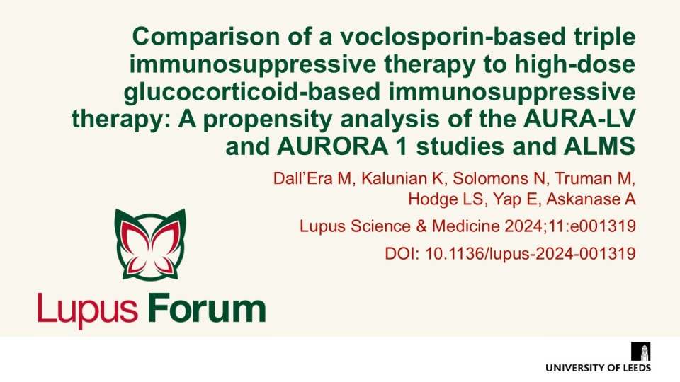 Publication thumbnail: Comparison of a voclosporin-based triple immunosuppressive therapy to high-dose glucocorticoid-based immunosuppressive therapy: A propensity analysis of the AURA-LV and AURORA 1 studies and ALMS