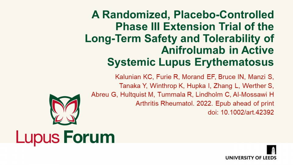 Publication thumbnail: A Randomized, Placebo-Controlled Phase III Extension Trial of the Long-Term Safety and Tolerability of Anifrolumab in Active  Systemic Lupus Erythematosus