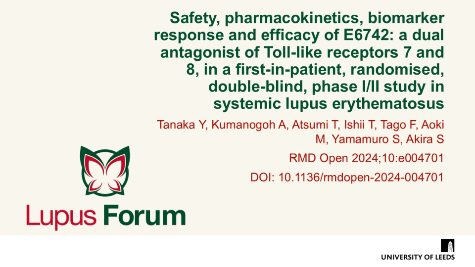 Publication thumbnail: Safety, pharmacokinetics, biomarker response and efficacy of E6742: a dual antagonist of Toll-like receptors 7 and 8, in a first-in-patient, randomised, double-blind, phase I/II study in systemic lupus erythematosus