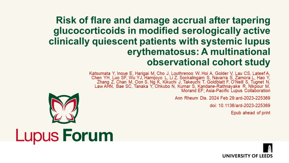 Publication thumbnail: Risk of flare and damage accrual after tapering glucocorticoids in modified serologically active clinically quiescent patients with systemic lupus erythematosus: A multinational observational cohort study