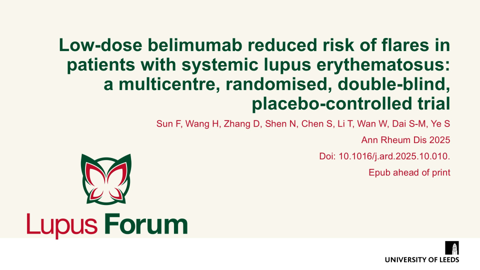 Publication thumbnail: Low-dose belimumab reduced risk of flares in patients with systemic lupus erythematosus: A multicentre, randomised, double-blind, placebo-controlled trial