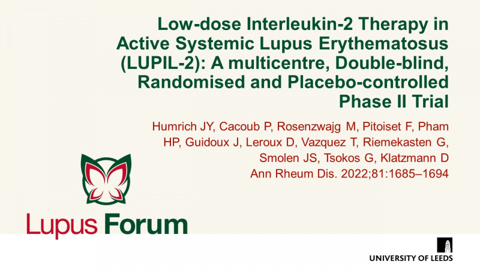 Publication thumbnail: Low-dose Interleukin-2 Therapy in Active Systemic Lupus Erythematosus (LUPIL-2): A Multicentre, Double-blind, Randomised and Placebo-controlled Phase II Trial
