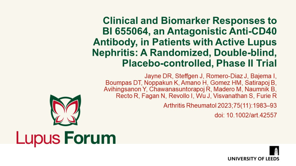 Publication thumbnail: Clinical and biomarker responses to BI 655064, an antagonistic anti-CD40 antibody, in patients with active lupus nephritis: a randomized, double-blind, placebo-controlled, phase II trial