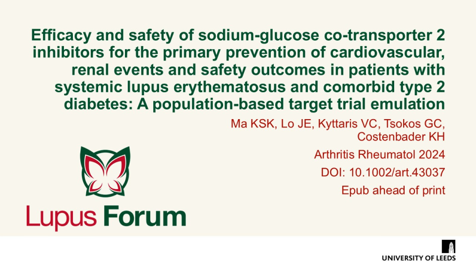 Publication thumbnail: Efficacy and safety of sodium-glucose co-transporter 2 inhibitors for the primary prevention of cardiovascular, renal events and safety outcomes in patients with systemic lupus erythematosus and comorbid type 2 diabetes: A population-based target trial emulation