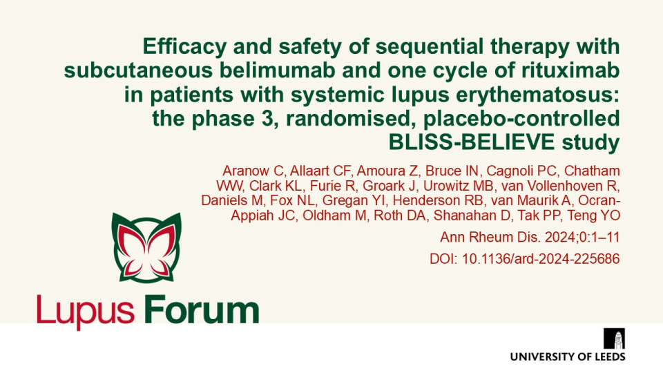 Publication thumbnail: Efficacy and safety of sequential therapy with subcutaneous belimumab and one cycle of rituximab in patients with systemic lupus erythematosus: the phase 3, randomised, placebo-controlled BLISS-BELIEVE study